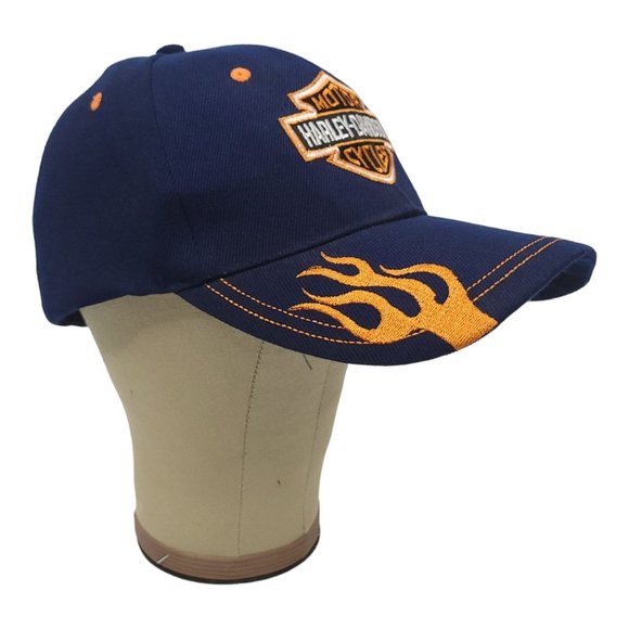 Harley Davidson Strapback Cap Biker Trucker Baseball Hat Blue Orange Flames - Picture 3 of 12